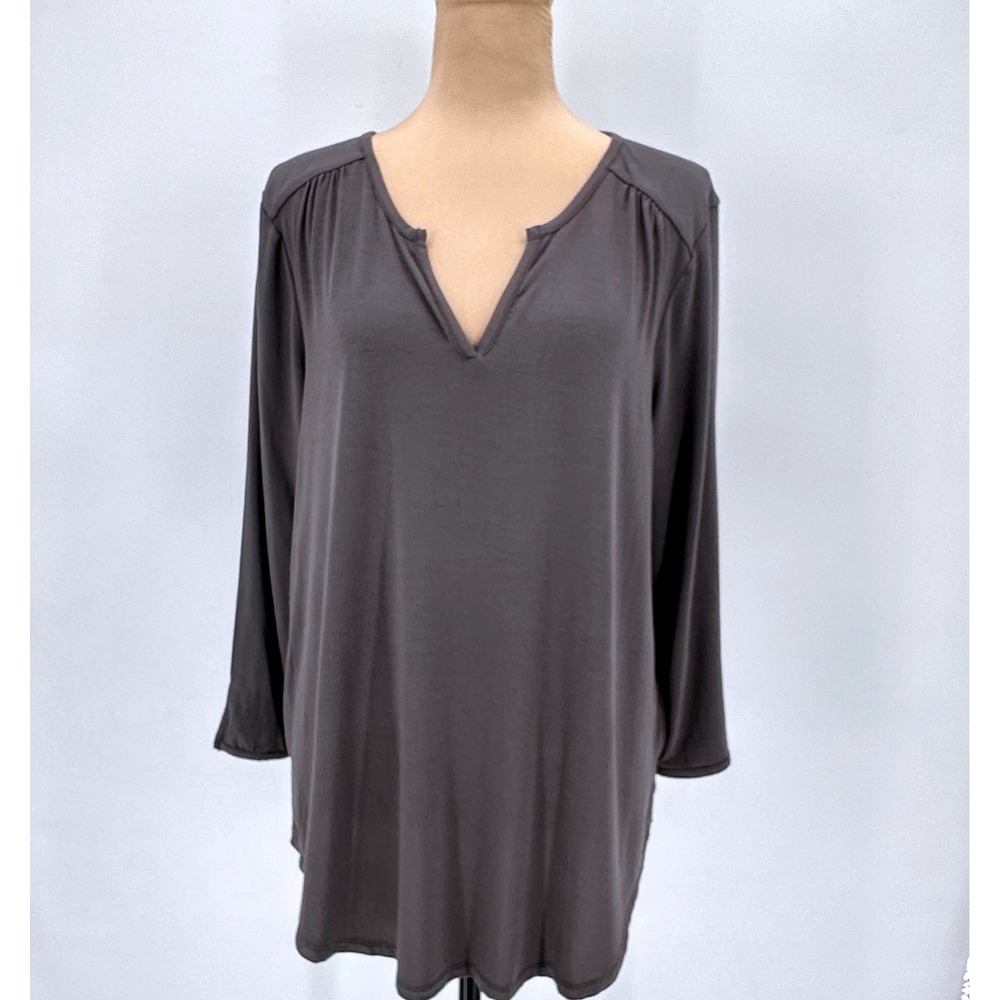 NYDJ Perfect Tee Dovetail Gray Split Neck Long Sleeve Modal Top MLER3988 L